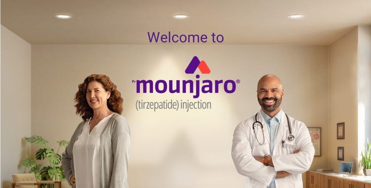 Patient and healthcare professional with Mounjaro logo in the middle.